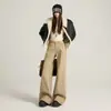 Jeans Gruesos, Forrados de Polar, Cálidos, Color Caqui, Corte Holgado, Ligeramente Acampanados, No Ajustados, para Mujer, Estilo Retro Americano, Tiro Medio-Bajo, que Alargan la Figura, Adelgazantes