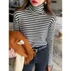 Gola alta feminina outono 2024 novo estilo listrada blusa básica feminina manga longa malha fina top