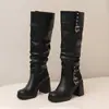 Botas de cavaleiro antiderrapantes, de calçar, salto quadrado, tamanhos 35-44, botas femininas de couro para outono e inverno, bico redondo, salto médio, cano alto, cor sólida, salto médio, sola grossa