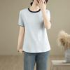 Foto real de camiseta holgada de manga corta con 25 volantes en stock para mujer, diseño de bloques de color de verano, top ajustado