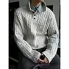 Camisa Polo de Punto Gris con Cable y Cuello Camisero para Hombre, Nuevo Estilo Otoño e Invierno, Estilo Old Money, Suéter Holgado, Se Puede Usar como Capa Base o Prenda Exterior