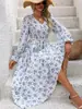 Comercio Exterior Transfronterizo 2026 Amazon Otoño Más Vendido Vestido de Moda Versátil con Estampado para Mujer de Manga Larga con Cuello en V y Corte Acampanado