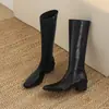 Botas Altas Versáteis Quadradas com Zíper Lateral Outono e Inverno Comércio Exterior Transfronteiriço Salto Bloco Preto Emagrecedoras Couro Genuíno Botas de Montaria Femininas