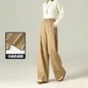 Múltiples Colores Disponibles 100% Algodón Teñido Asut Bolsillo Oculto Pantalones de Pierna Ancha Cintura Alta Adelgazantes Pantalones Casuales Caqui para Mujer