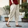 Estilo Novo de Verão 2026 Calças Cropped 100% Algodão, Calças de Linho de Algodão Finas e Largas com Cintura Elástica, Artísticas e Versáteis