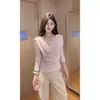 Top de encaje asimétrico de manga larga con retazos estilo coreano para mujer, otoño, corte ajustado, elegante y ligero, para cubrir 26242