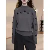 Cuello Semi Alto de Lazo Tejido Gris Otoño Tallas Grandes Suéter Holgado de Punto Camisa Tacto de Alta Gama Top de Manga Larga
