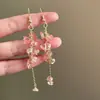 Brincos Longos com Franjas de Pedras Rosa para Mulheres, Ganchos de Orelha com Design de Nicho de Luxo Leve, Brincos Retrô Únicos Estilo Francês