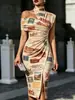 2026 Nuevo Modelo Estación Independiente Transfronterizo Retro Occidental Tótem Impresión 3D Vestido de Hombros Descubiertos para Mujer POD