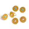 Set de Joyería de Anillo y Pendientes de Flor de Acero Inoxidable y Piedra Natural de Moda Europea y Americana, Versátil y Elegante, Pendientes Chapados en Oro de 18 Quilates