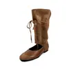 Botas de cuero de vaca de primera capa caladas de media pantorrilla para mujer, nuevo estilo de otoño, cuero genuino, punta redonda, espalda abierta, tacón medio, botas de mujer estilo coreano