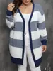 Roupas plus size femininas europeias e americanas, cardigã de tricô listrado color block, casaco suéter casual de malha à máquina com modelagem solta para outono e inverno