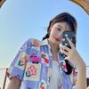 [Estilo Caliente Transfronterizo] Camisa de Manga Corta Estampada para Mujer en Verano, Nuevo Diseño Holgado, Top Estudiante con Solapa Única