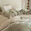 Estilo Hepburn Francés Línea A 100% Algodón 21s Cepillado de Alta Gama Juego de Ropa de Cama de Cuatro Piezas Estampado Floral Retro Estilo Encaje de Algodón Puro Ropa de Cama
