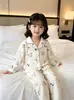 Conjunto de ropa de estar con cuello de solapa, estilo fino para primavera y otoño, ropa para aire acondicionado para niñas, cárdigan de manga larga, pijama de algodón nube estilo coreano para niñas