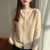 Cárdigan de punto de ganchillo calado de cuello medio alto transfronterizo para mujer, nuevo estilo primavera y otoño, suéter abrigo de color liso de terciopelo suave y amigable con la piel
