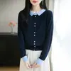 Cardigan Tricotado Gola Polo de Lã Fina Novo para Primavera e Outono 2026 Manga Longa Feminino Blusa Jaqueta Blocos de Cor Botão Quadrado Pequeno