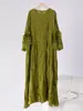 Vestido Plisado con Volantes para Mujer 2025 Otoño Nuevo Estilo Mangas de Campana Florales Color Sólido Cuello Redondo Pullover Vestido Largo