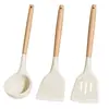 Mango de Madera Utensilios de Cocina de Silicona Juego de Tres Piezas de Espátula y Cuchara de Silicona de Acero Inoxidable Espátula de Cocina Suministros de Cocina Juego de Espátulas Antiadherentes