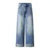 Jeans Versátil Lavado Bordado Retro Americano para Homens e Mulheres Cintura Alta Dobrado Desgastado Casual Calça Reta de Cintura Alta