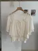 Camisa de Chiffon Kekezoon com Patchwork de Renda, Decote V, Mangas Bufantes e Curtas, Top de Verão Modelador com Ajuste na Cintura 7842