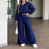 Top corto de moda casual para mujer con cuello en V y manga abullonada y pantalones anchos de cintura alta, adecuados para el uso diario, atuendo de otoño