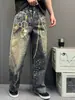 Jeans de Mezclilla con Estampado de Cadena Estilo Americano de Marca de Moda para Hombre, Verano Vintage Lavados Casuales de Pierna Recta Moda de Calle Pantalones Curvos