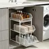 Mueble para lavabo de baño con estantes de almacenamiento, organizador extraíble para debajo del lavabo y almacenamiento en capas para artículos de tocador y desagües.