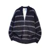 Suéter de Punto con Raya de Contraste Azul Marino para Hombre Otoño Estilo Coreano Top Estilo Ligeramente Maduro Chaqueta Cardigan con Cuello Alto
