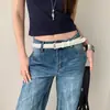 Cinturón Tejido Hecho a Mano Estilo Retro Americano Sin Hebilla para Mujer, Cinturón de Cuero Rojo de Alta Gama para Combinar con Jeans y Vestidos