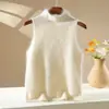 Nuevo chaleco de punto de cachemira y lana con cuello medio alto para otoño e invierno para mujer, color liso, top sin mangas cepillado