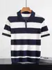 Camisa Polo Listrada 100% Liocel Tencel com Meio Zíper Tricô Manga Curta Top Casual Masculino Verão Gola Reversível Camiseta