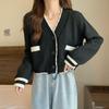 Cardigan de malha com decote em V para outono e inverno, casaco pequeno, novo design coreano, cor contrastante, emagrecedor, manga comprida, top para mulheres, 2023