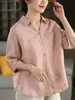 Camisa de manga corta de verano nueva y versátil con cuello en V, ajuste ceñido, de algodón y lino, con cuello camisero, tops casuales para mujer