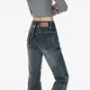 Jeans de campana bordados azul grisáceos de estilo retro americano para mujer, nuevos pantalones de campana de cintura baja adelgazantes para el verano de 2026