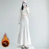 Falda satinada de sirena para mujer, otoño e invierno, forrada de polar, engrosada, de cintura alta, con efecto drapeado, que cubre la cadera, de longitud media