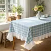 Mantel a cuadros azules de estilo dulce transfronterizo, mantel para mesa y mesa de centro con borde de volantes color crema estilo pastoral francés, cubierta antipolvo para mesita de noche
