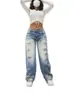 Jeans largos rasgados estilo americano Y2K para mulheres, lavagem degradê, bainha desfiada, calças compridas de corte reto, duas cores, atacado para moda feminina transfronteiriça