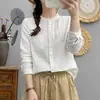 Camisa blanca de algodón de doble capa para bebé niña, capa base de manga larga, artística, fresca, un bolsillo, cuello mao, top holgado