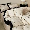 Ins Outono/Inverno Leite Fleece Renda Conjunto de Quatro Peças Capa de Edredom de Flanela Lençol de Cama Conjunto de Cama Quente de Fleece de Coral