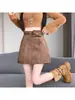 Falda de Terciopelo con Ciervos Estilo Coreano Talla Grande para Mujer en Otoño e Invierno Falda de Cuero de Cintura Alta Línea A con Cinturón Antiexposición y Falda Corta de Pu