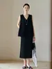 Vestido Colete Preto Decote V Sem Mangas de Alta Qualidade para Mulheres, Novo Estilo de Verão, Elegante Vestido Falso Duas Peças