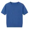 Camiseta de punto de seda helada calada color azul bruma de manga corta para mujer, nueva de verano 2026, top juvenil delgado de corte holgado y estiloso