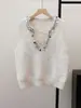 Elegante Colete Tricotado em Camadas Sem Mangas com Lantejoulas 2026 Primavera Novo Solto Versátil Gola V Colete Suéter para Mulheres
