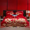 Juego de Cuatro Piezas de Boda de Lujo Estilo Chino Dragón y Fénix, Ropa de Cama Bordada de Algodón Puro para Boda, Colcha Roja de Dote, Ropa de Cama para Habitación de Boda