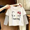 Blusa listrada de algodão puro para meninas, um novo estilo primavera/outono, disponível nos tamanhos médio e grande, camiseta de manga comprida para crianças, camiseta de bebê da moda