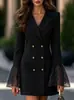 Novo modelo europeu e americano da Amazon: Vestido liso elegante e justo, decorado com botões, gola de alfaiataria e acabamento em renda, mangas compridas