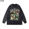 Lazada Export Retro Lavado 2024 Início da Primavera e Outono Desgastado Estampado Longo T Preguiçoso Estilo Yuppie Oversize
