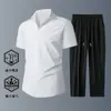 Camisa Masculina de Seda Gelada de Manga Curta Verão Fina Casual Meia Manga Drapeada Roupa Masculina Tendência Terno