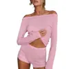 Pijama de duas peças rosa de malha canelada elástica e amigo da pele, com mangas compridas e shorts, para casa, produto novo de outono e inverno, transfronteiriço europeu e americano